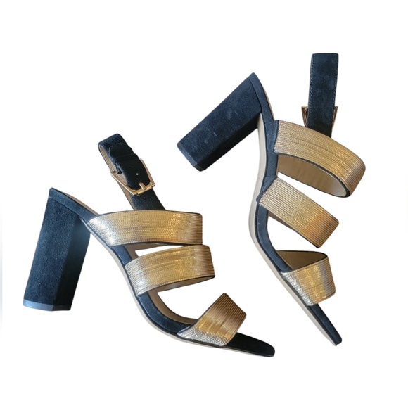 Botiker Black Suede And Metalic Gold Strapy Sandal Pumps - Picture 11 of 11